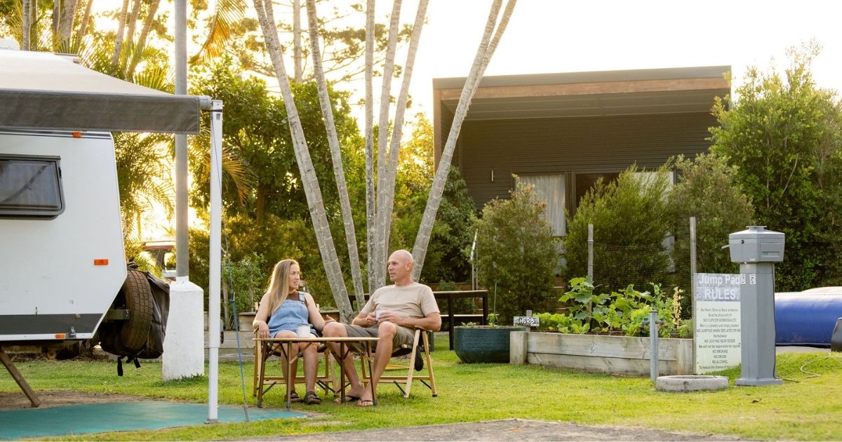 Maroochy River Couple in front of Caravan